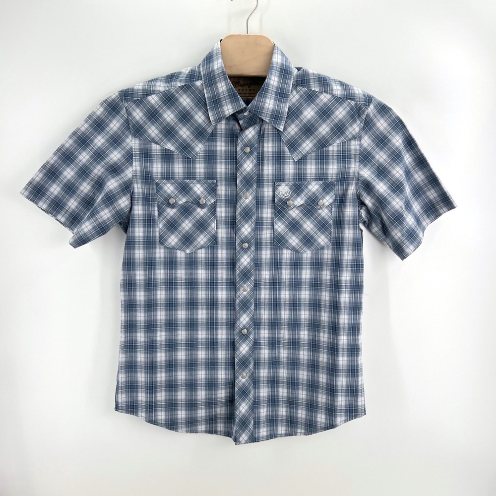 Wrangler Retro Western Shirt Medium Blue White Plaid Cotton Pearl Snap Cowboy